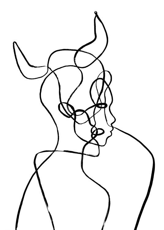  – Illustrazione di una testa con corna in stile line art che raffigura il segno zodiacale del Toro