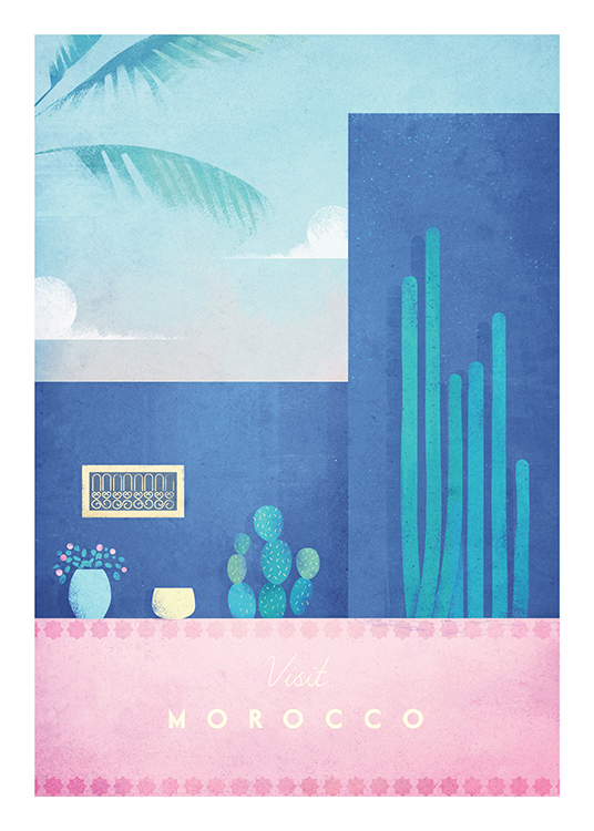  – Illustrazione di un edificio rosa e blu con piante e cactus