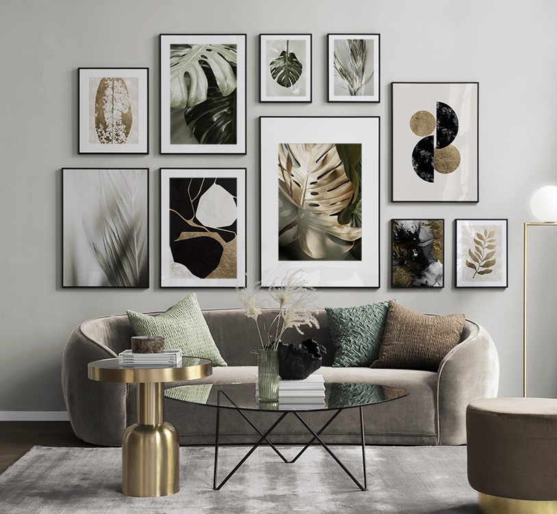 Poster con motivi botanici in oro e verde