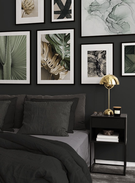 Motivi botanici verdi e oro in camera da letto